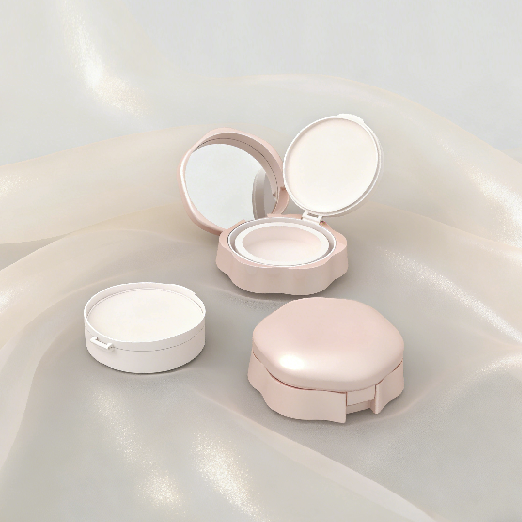 Wavy petal flower shaped air cushion case with interchangeable replaceable inner tray, flip lid cosmetic compact built-in mirror portable makeup packaging